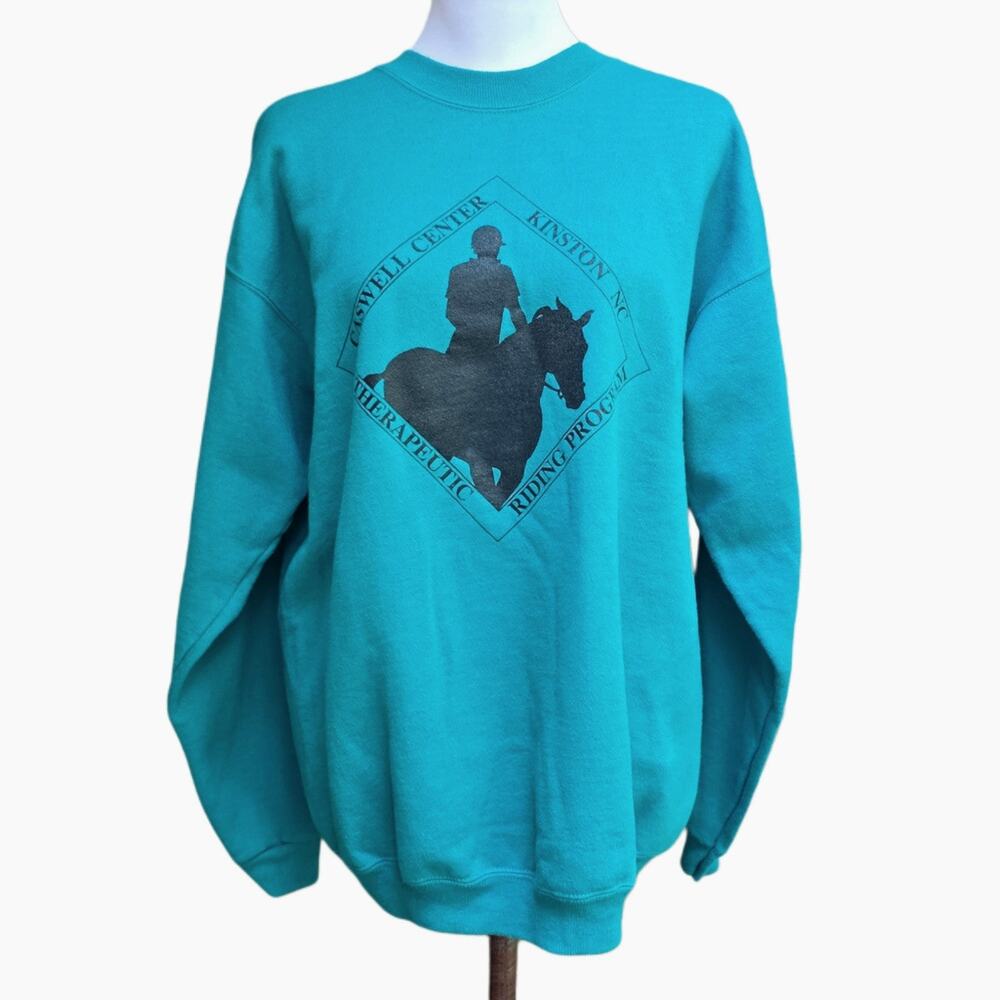Hanes Heavyweight Horse Crewneck Sweatshirt Large Teal Green Vintage 90s Graphic